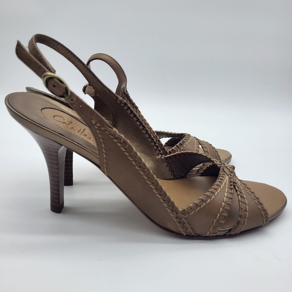 Cole Haan Women's Tan Leather With Woven Trim Slingback Heels Sz 8 - Picture 5 of 10